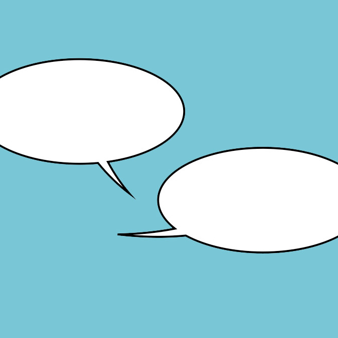 A pair of cartoon talk bubbles in conversation, on a blue background